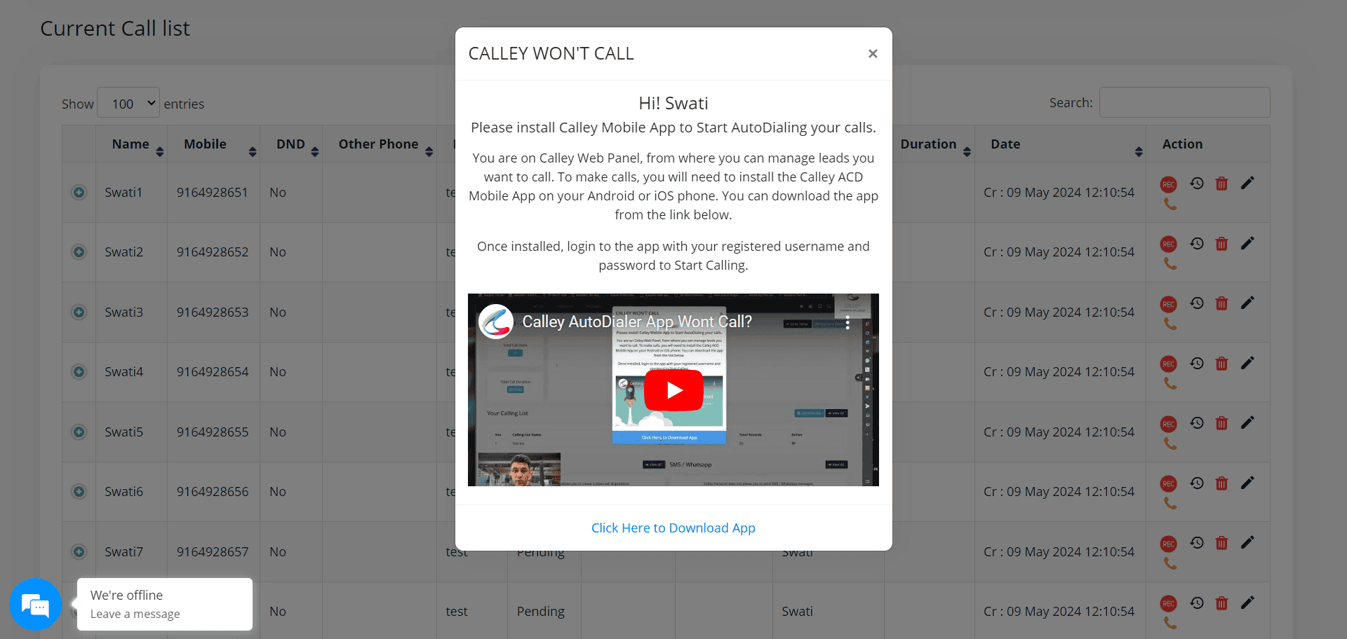 Call won't do PC Dialing in case the app is not connected