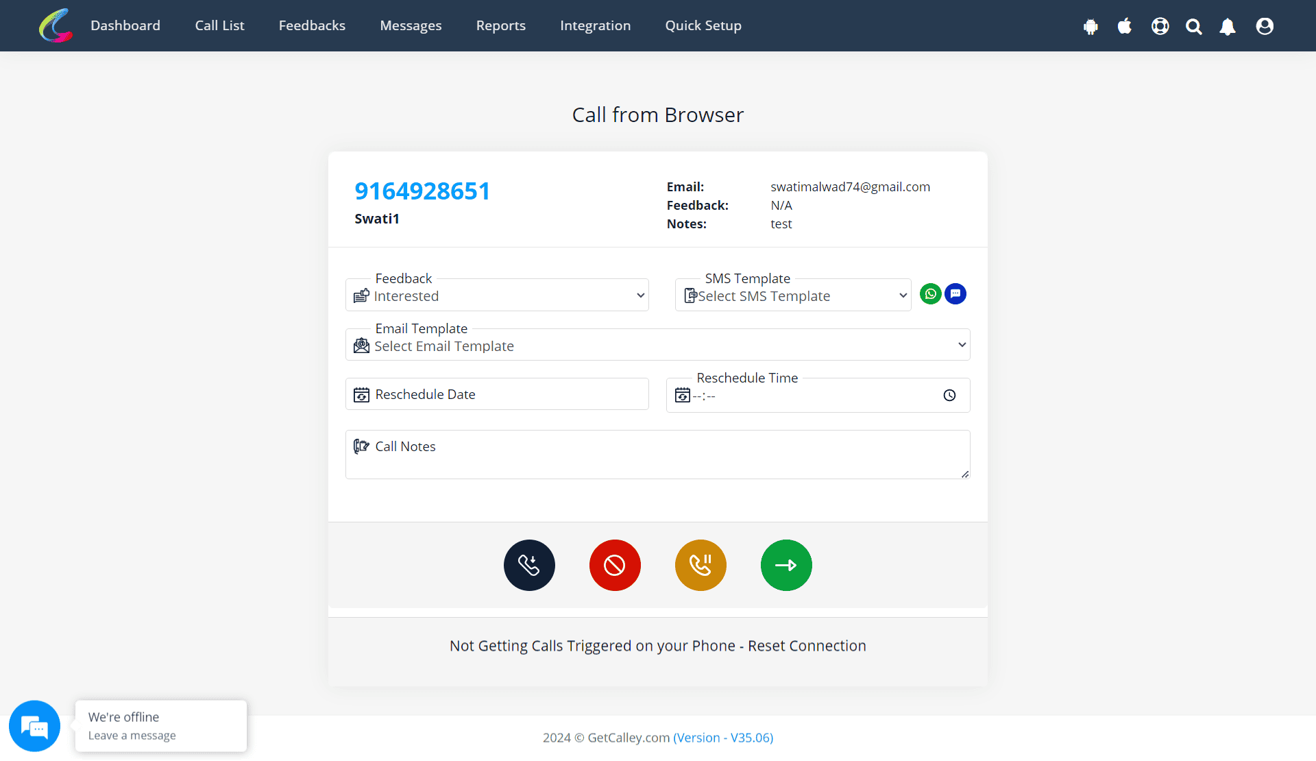 Post Call Feedback Page